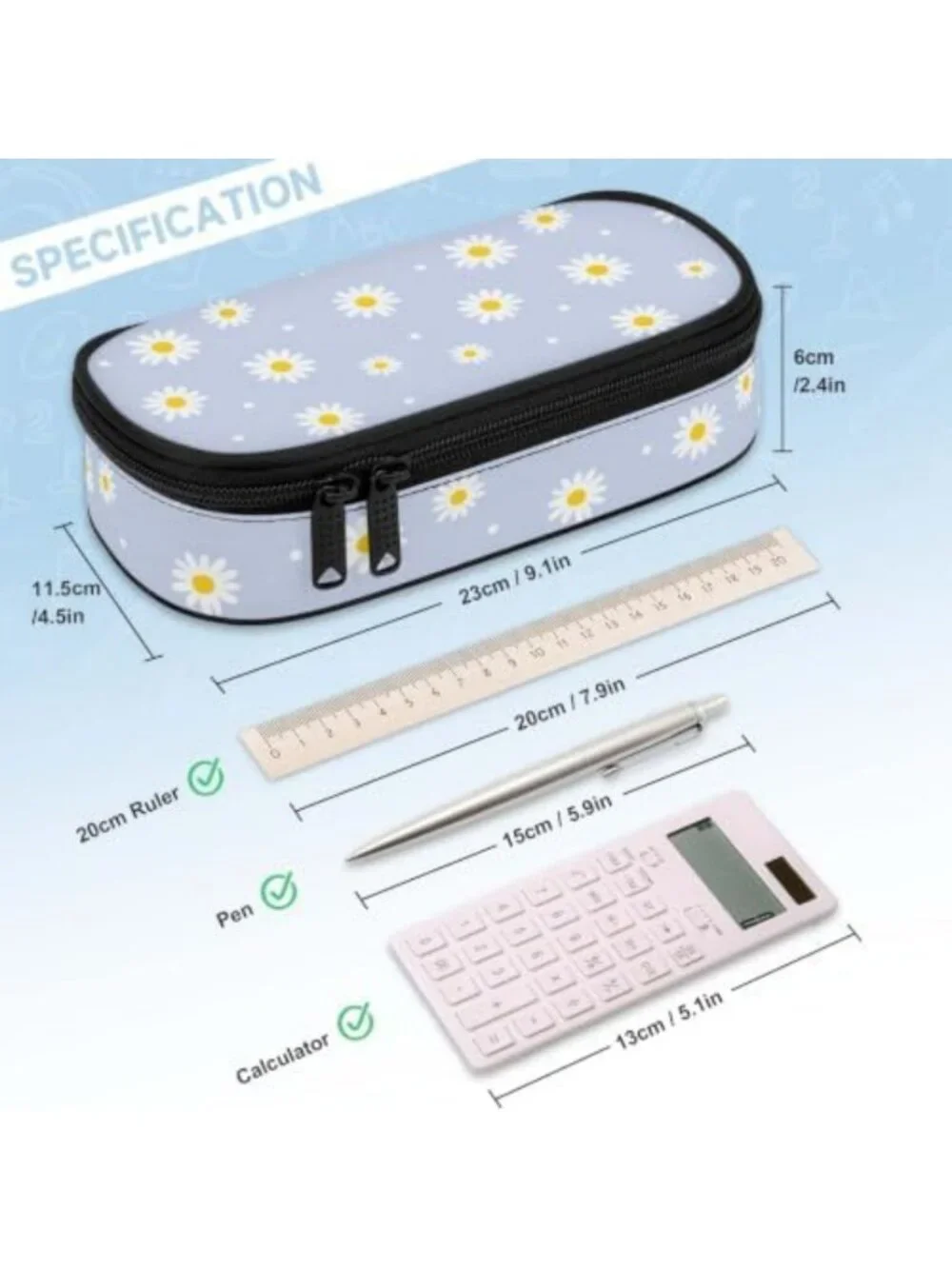 Cute Blue Daisy Flower Large Pencil Case | Stylish Pouch for Kids & Teens